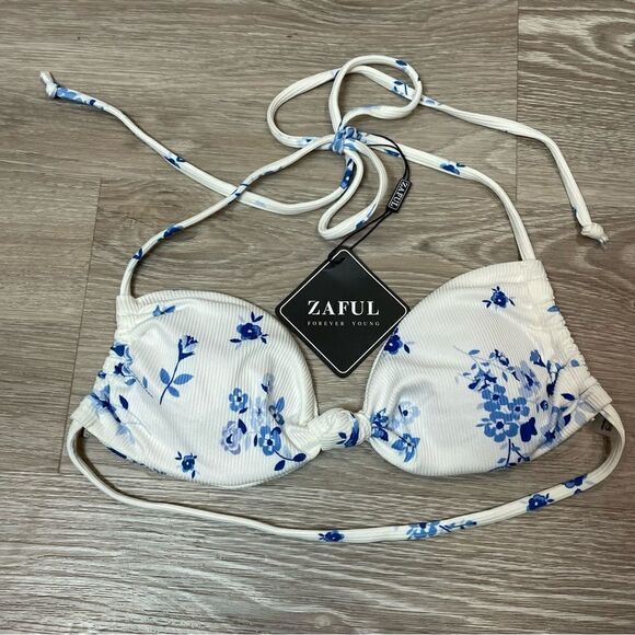 Zaful Blue and White Floral Bikini Ribbed Top Swimsuit - Picture 1 of 6